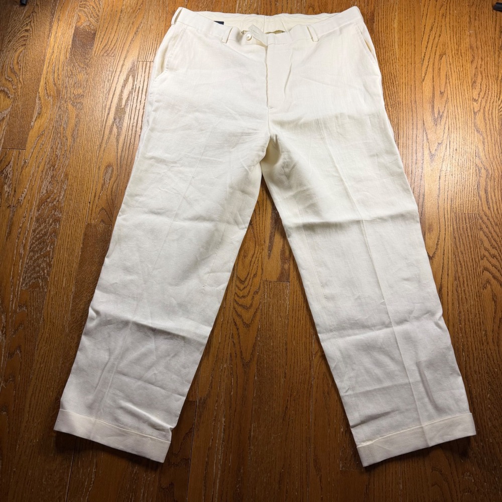 Brooks Brothers 1818 Madison Men 44R Linen Pants Cream Cuffed Dress Pants Beach